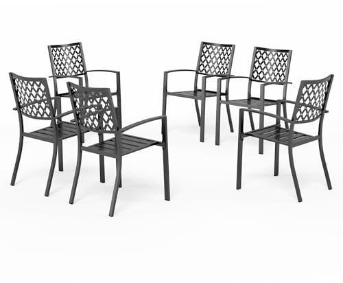 PHI VILLA Metall Gartenstühle 6er Set, Terrassenstühle Stapelbar, Schwarz | Robuster Stahlrahmen, Rostbeständig E-beschichtet Gartensessel, Mit Armlehnen, 136 kg Tragkraft, Platzsparend Stapelbar