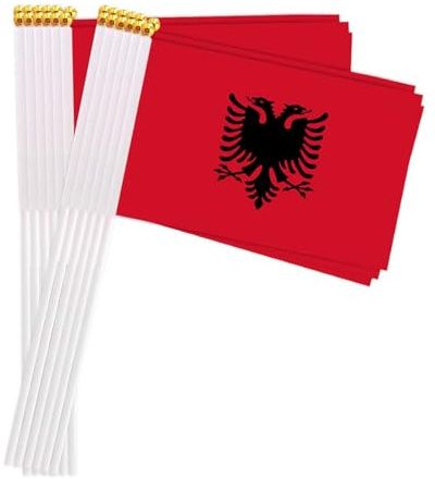 25 Packungen kleine Albanien Flaggen auf Handheld Stick, Miniatur Albanisch Flagge, 4x6 Zoll Mini Hand gehalten Banner mit goldenen Topper(Albania)