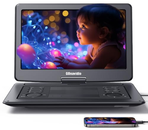 GOnavidio 18 Portable DVD Player with 16 Large Screen, Inbuilt 5H Rechargeable Battery, 1600x900 High Resolution, Support HDMI Input, Sync Screen, USB/TF, Last Memory, Region Free