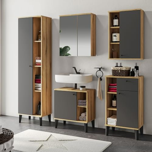 Lomadox Badmöbel-Set 5-teilig mit Waschbeckenunterschrank 60 cm, Spiegelschrank, in Eiche und grau, modern