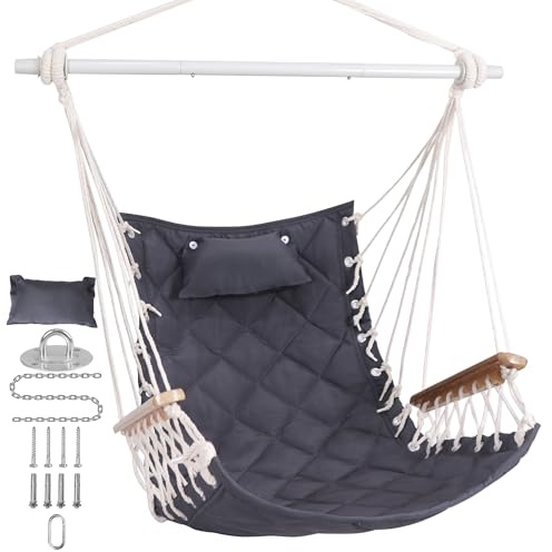 SUNWAY Hängesessel mit Armlehne und Kissen, 159 kg Kapazität, für drinnen und draußen, inklusive vollständigem Aufhängeset für Terrasse, Schlafzimmer, Veranda