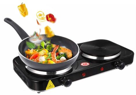 2000W Double Hot Plate with Cast Iron Heating, Portable Electric Hob for Cooking, Independent Adjustable Temperature Control, Suitable for Cooking Warming Boiling, Portable Design for Camping Travelli