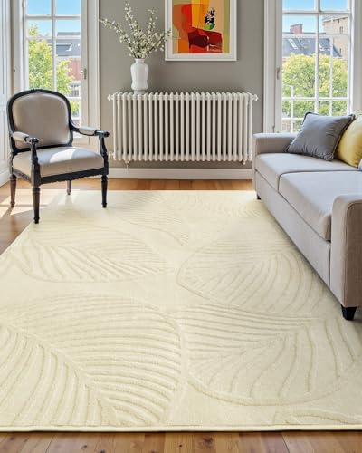 DEFYNEE Washable Rugs Living Room Large 152x213cm, Modern Short Pile, High-Low Texture, Soft, Shedding-Resistant, Non-Slip Rug for Bedroom, Office, Dining Room – Cream White