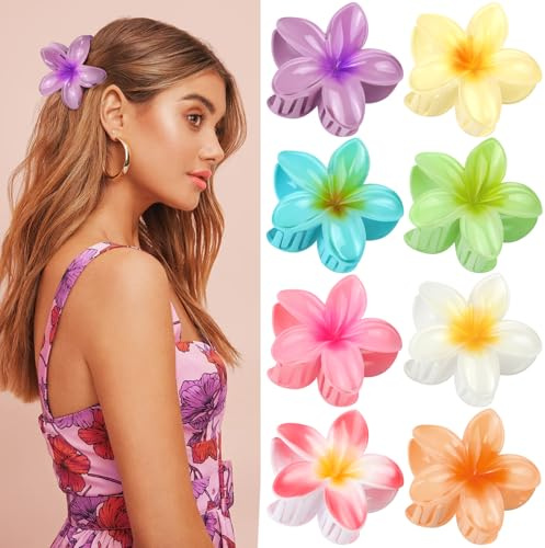 Kavya Kunststoff Blumen Haarklammer Groß, 8 Stück Blumen Spange Bunt Hawaii Blumenklammern - Schöne Karton Verpackt, Haarspange Damen & Mädchen Flower Hair Accessories