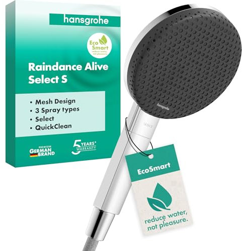 hansgrohe Raindance Alive Select S - ducha de mano ahorro de agua 7,1 l/min (EcoSmart), alcachofa de ducha con 3 tipos de chorro, cabezal de ducha (125 mm), con sistema antical, cromo, 24511000