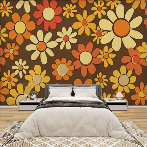 GEDAEUBA Papier Peint Panoramique Rétro Années 70, Papier Peint Intissé Motif Fleur Vintage Orange, Tapisserie Panoramique Salon, Décoration Murale Chambre, 100x70 cm