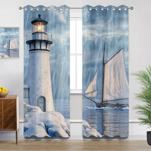 Generisch Vorhänge Blickdicht Leuchtturm - Gardinen Mit Ösen Nautisch Segelboot Ozean Verdunkelung Svorhang für Schlafzimmer Wohnzimmer Kinderzimmer Küche Decor Gardinen - 2er Set - H245 x B140cm