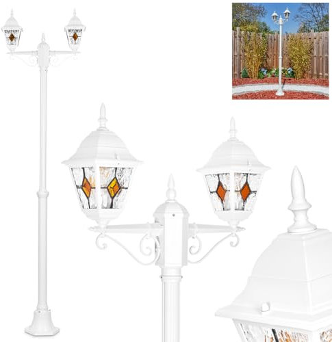 HOFSTEIN Kandelaber Naofe, Außenwegeleuchte aus Metall/Glas in Weiß/Klar/Orange, Wegebeleuchtung 220 cm, 2 x E27, IP44, Wegeleuchte im Vintage-Design für Garten, Außenbereich, Hof