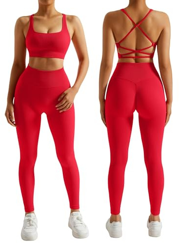 RXRXCOCO Gerippte Sport Set Damen Gym Workout Set Rückenfrei Oberteil Nahtlose Leggings Outfit Fitness Rot M