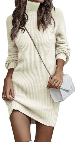 JFAN Vestito Donna Invernale Elegante Casual in Maglione Collo Alto Lungo Abito Caldo Lavorato a Maglia Pullover Vestiti,Beige,L