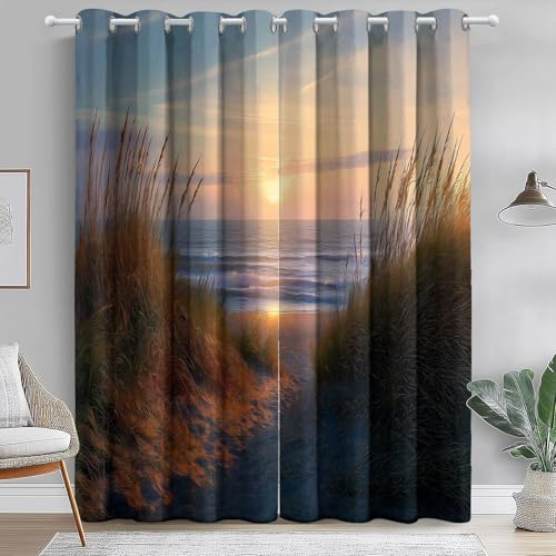 2 Stück Verdunkelungsvorhänge Bunt, Blickdichter Mit Ösen Thermovorhang Vorhang, Natur Sonnenuntergang Strand Gras Bedruckte Vorhänge - Für Schlafzimmer Wohnzimmer H140×B55 cm