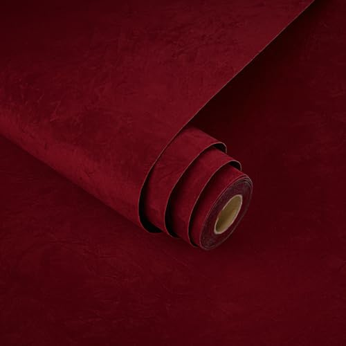 Yullpaper Self Adhesive Dark Red Velvet Wallpaper Lining Paper for Walls Red Flocking Fabric Wallpaper for Drawer Jewel Case Feature Gift Wrapping Paper Roll Furniture Cupboard Vinyl Wrap 40cm x 200cm