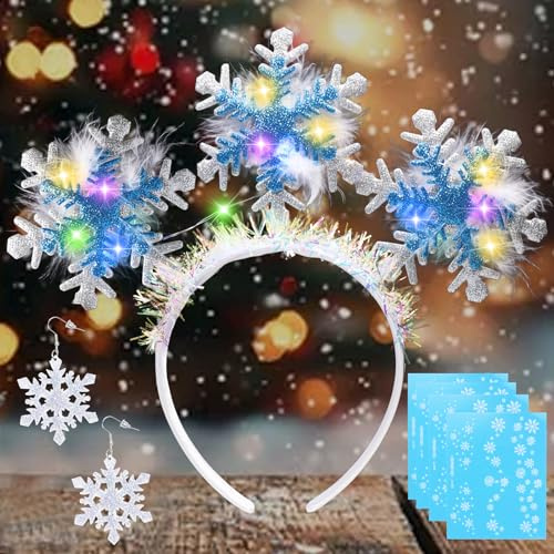 Haarreif Weihnachten, LED Schneeflocken Haarreif, Schneeflocken Ohrringe, Tattoo, Weihnachts Haarschmuck, Haarreifen Weihnachten mit Feder Schneeflockens, Weihnachtshaarreif für Weihnachtsgeschenke