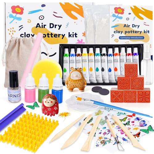 BBWELL Ton Töpferset für Anfänger für Zuhause,Selbsttrocknender Ton DIY Set,Keramik Bemalen Set mit Werkzeuge,Farben,Pinsel,Anleitung,DIY zum Töpfern für Erwachsene,Kreativ,Geschenk-Ideen