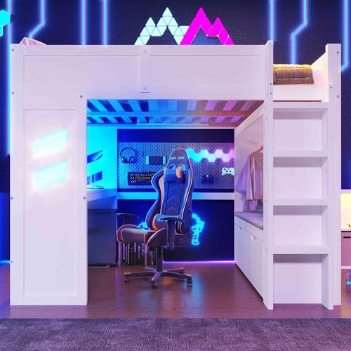 Generisch Weißes Hochbett 140x200cm mit Gaming-Schreibtisch, LED-Beleuchtung, USB/Type-C-Anschlüssen & Schubladen – Platzsparendes Multifunktionsbett