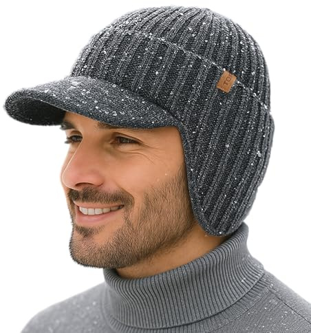 TOP-EX DryKnit Casquette d'hiver en tricot imperméable 80 % laine mérinos avec doublure en polaire et cache-oreillettes, M-XXL, gris, M-L