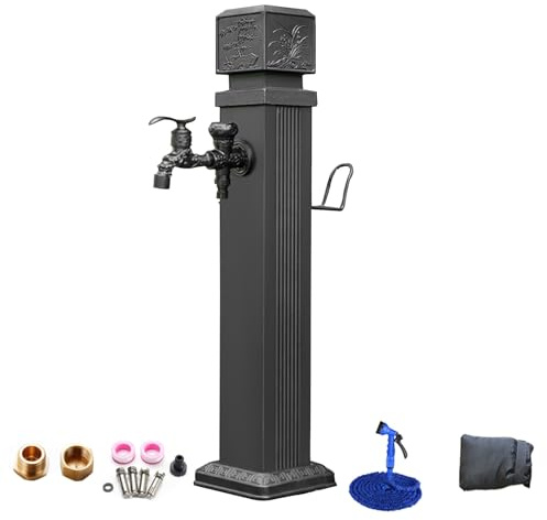 Colonna d'acqua quadrata da giardino, design indipendente resistente al gelo con doppi rubinetti e ganci, fontana da esterno da 73 cm per terrazze e giardini, resistente alle intemperie ed elegante