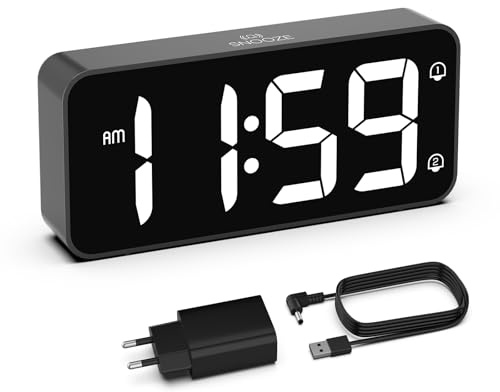 HOMVILLA Sveglia Digitale da Comodino con Ampio Display, 5-100% Luminosità e Volume Regolabili, 2 Allarme, 8 Suonerie, Snooze, Alimentato Dalla Rete Elettrica (Adapter Incluse) Nero