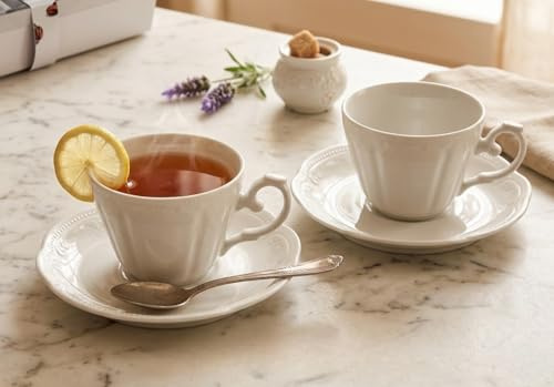 Tazas de Cerámica Elegantes con Platos de 150ml – Set de 6 Tazas y 6 Platos – Juego de Café Completo – Diseño Clásico Elegante