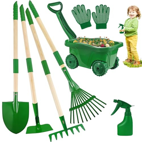 Set da giardinaggio per bambini Set da giardinaggio per bambini da 7 pezzi con carriola, pala, rastrello e rastrello per foglie, attrezzi educativi da giardino per per giochi all'aperto in gi