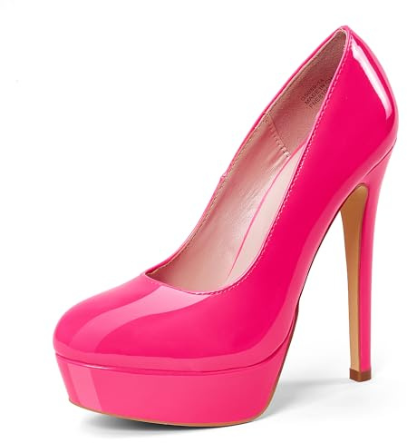 GENSHUO Stilett för kvinnor högklackade platåpatent, 14 cm sexig slip-on plattform klackar hovskor för kvinnor storlek 3,5-8,5 UK, fluorescerande rosa, 39.5 EU