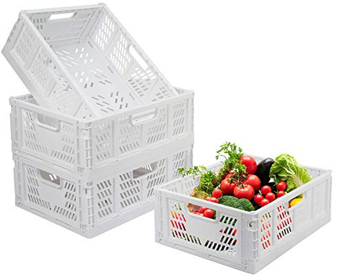 4-Pack Folding Storage Boxes Crate Collapsible Plastic Drawer Organizer , Stackable Shelf Storage Basket Food Fruit Vegetables Bottles Toy Organiser Baskets for Home Office Bedroom Kitchen -White