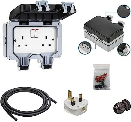 DiiD Exterior DIY KIT Weatherproof Outdoor Double Socket With 20M Extension Lead,IP66 13A Switched Wall Electrical Plug, 2 Gang Outside Garden Plug Socket With Storm Cover.