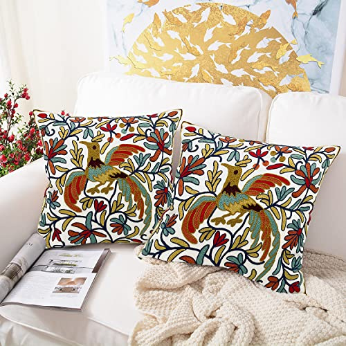 Alysheer Embroidered Summer Decorative Throw Pillow Cover 18x 18 Set of 2, Boho Orange Bird Embroidery Patterned Cotton Cushion Case for Sofa Couch Living Room Bedroom Outdoor