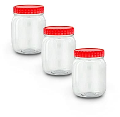 3 tarros de almacenamiento de plástico de 500 ml con tapa de rosca, herméticos, sin BPA, para cocina, hierbas, especias, dulces, transparente, tapa roja