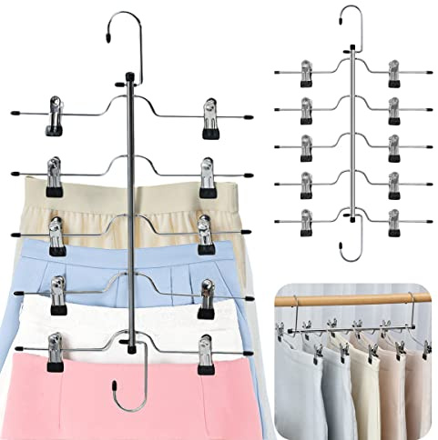 5 Tier Metal Skirt Hangers for Women, Pants Hanger Space Saving with Non Slip Adjustable Clips,Durable Heavy Duty Trouser Hangers for Jeans, Slacks, Shorts - 2 Pack