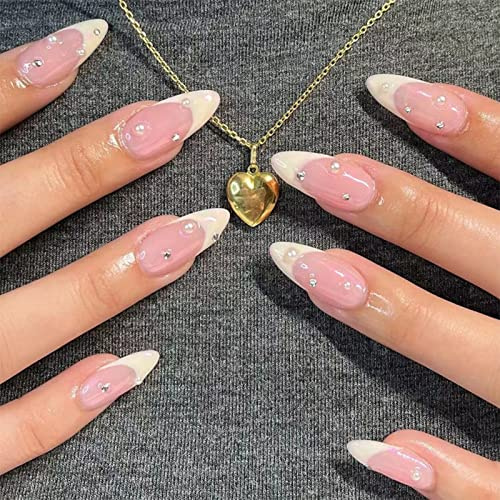 JUSTOTRY 24 Stück Pearls Stiletto Nägel Zum Aufkleben Kurz,Beige French Künstliche Nägel, Diamante Mandel Kunstnägel Press on Nails, Acryl Fingernägel Fake Nails Mittel für Frauen