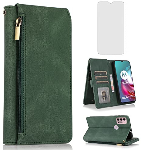 Compatible con Moto G30/G20/G10/10 Power 2021,Funda tipo cartera de vidrio templado con cremallera, funda de piel con tapa, tarjetero para MotoG30, MotoG20, MotoG10, Motorola G 30, 20, G10Power Verde