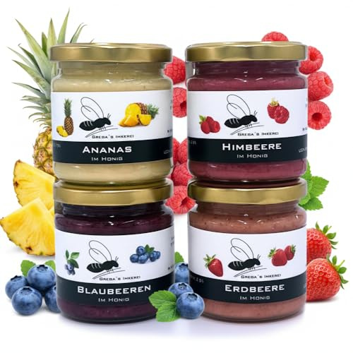 Gregas Honig 4er Fruchtset Geschenkset mit 4x 250g Probierpaket | 4er Frucht Honig Vorteilsset: Erdbeere, Himbeere, Blaubeere & Ananas. Die ideale Präsentbox & leckeres Mitbringsel zum Brunch