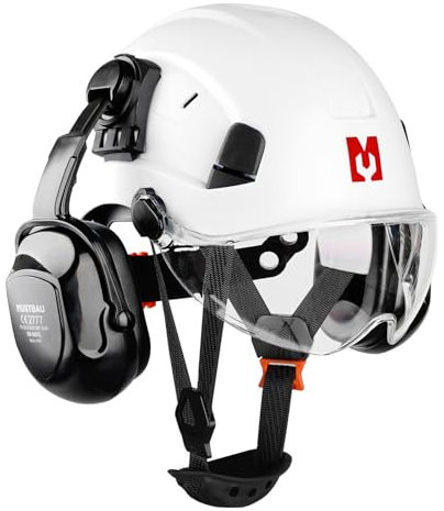 Mustbau Casco di Sicurezza EN397, Cappello Rigido con Paraorecchie e Visiera, Fascia Regolabile da 53 a 63cm, Materiale ABS Resistente Per Uomini Donne - Bianco
