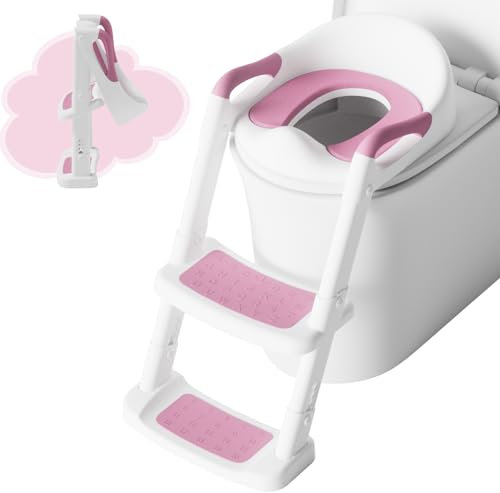 DEANIC Toilettensitz Kinder, Toilettentrainer mit Leiter &PU Gepolstert, Faltbar Töpfchen für Kinder ab 1-7 Jahren Kids Wc-Sitz für 38-47cm (Rosa)
