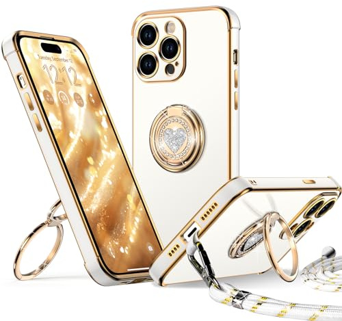 XYZ for iPhone 14 Pro Max Case with Stand, Heart Lanyard for Girls Women, Luxury Cute Bling Protective Cover for iPhone 14 Pro Max, White