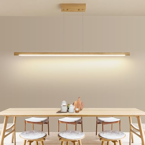 Mikeru 120cm Eschenholz Pendelleuchte, 10%-100% Dimmbar Runder Lampe aus Eschenholz LED Pendelleuchten Höhenverstellbar mit Speicherfunktion 3000K/4500K/6500K für Wohnzimmer, Büro