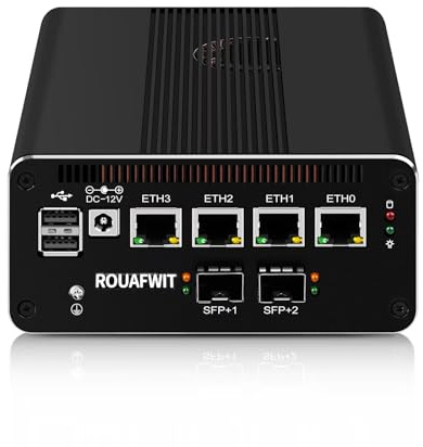 ROUAFWIT Micro Firewall Dual 10Gbe N100 Mini PC Router Gerät, 2 x SFP+ 10Gbps, 4 x 2.5Gbe i226-V LAN Klein Computer, DDR5 8G RAM NVME 256G SSD, AES-NI, SIM Slot, TF, 3 Anzeige