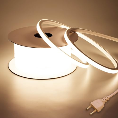 BENLUN Tira LED Neon 220V 10 Metros, 3000K Blanco Cálido Luces de LED Exterior Impermeable, 10W/M 900LM/M Flexible Luz LED sin Transformador Para Habitacion, Dormitorio, Patio