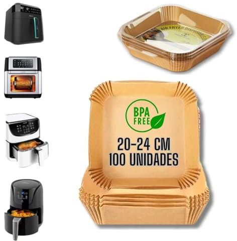 Papel para Freidora de Aire Cuadrado 100 Uds (20-24cm) con Blister - Accesorios para Freidora de Aire - Accesorios de Cocina - Papel de Horno Airfryer - Bandejas para Freidora de Aire