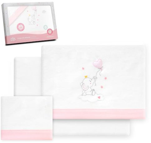 Interbaby - Juego Sabanas Cuna 60x120 Algodon 100% | Sabana Cuna Franela, Cálida, Suave | Incluye Sabana Bajera, Encimera y Funda de Almohada | Ideal para Invierno | Elefante Globo Corazón Blanco/Rosa