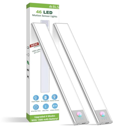 BLS Under Cabinet Lights, 46 LED lights Battery Operated Motion Sensor Light Indoor, USB C Rechargeable Closet Lights Motion Sensored, 1500mah Wireless Magnetic Light for Kitchen Night Stairs (2 Pack)