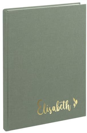 AWASG Notizbuch A5 – Personalisiert mit Name – Notizheft 200 Seiten dotted – Leinencover Grammatur 100g/m² - Blumendesign (olive)