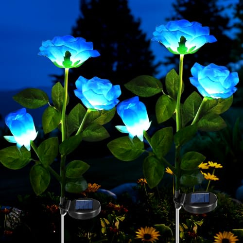 Solarlampen für Außen Garten 2 Stück, Blau Solar Blumen Außen Wetterfest | Auto Ein/Aus Gartendeko für Draußen,Blütenblätter Solar Deko für Außen Garten Terrasse Grab Deko