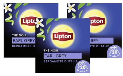 Lipton Earl Grey Thé Noir Aromatisé Bergamote d'Italie, 20 Sachets (Lot de 3)