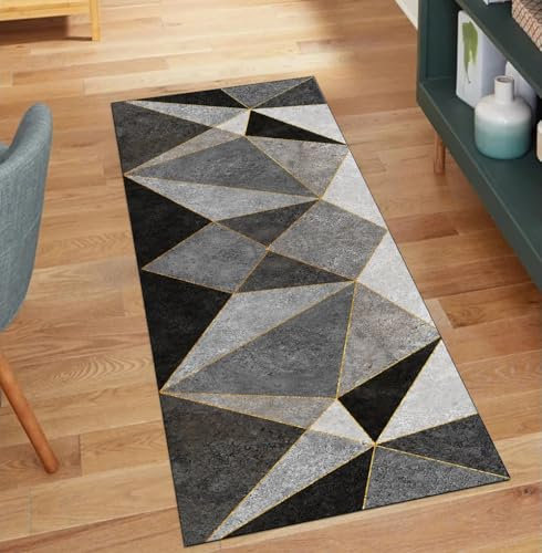 Tapis de couloir antidérapant pour couloir, 60 x 350 cm, motif patchwork, décoration d'intérieur, tapis lavable pour couloir, gris