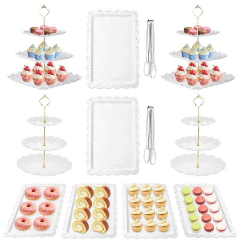 Auysbytdd 12 Pcs Cake Stand, Dessert Table Display Set, 4 Pcs 3 Tier Cupcake Stand Tower Holder and 6 Pcs Serving Tray and 2 Tongs for Tea Party Baby Shower Birthday, White