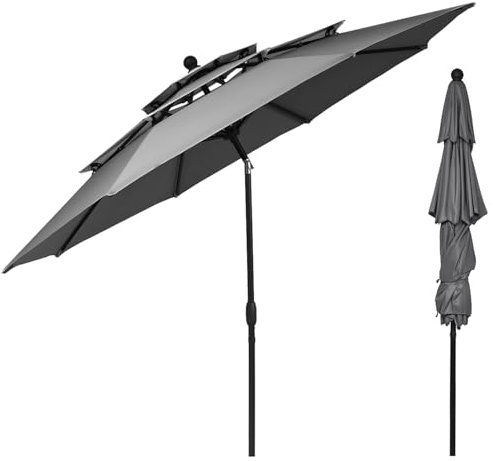 RELAX4LIFE 3M Parasol Extérieur, Parasol Manivelle avec 8 Baleines en Fibre de Verre, Parasol Auto-inclinable Double Ventilation pour Piscine, Jardin, Plage, Parc, Cour (Gris)