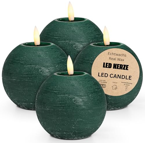 matches21 HOME & HOBBY LED Kerzen Kugeln 4er Set aus Echtwachs mit Timerfunktion - Kerzen realistisch flackernde Flamme warmweiß Ø 10 x 9 cm - Elektrische Wachskerzen in Grün als gemütliche Tischdeko