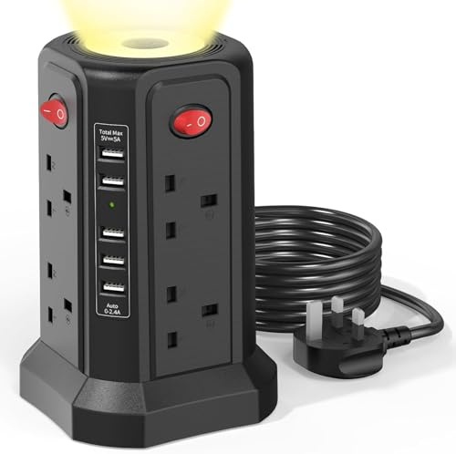 BrixStation Tower Extension Lead USB Slots and Night Light, (13A 3250W) 5 USB Ports & 8 Way Socket Extension Tower Surge Protected Extension Lead with 4 Switches, 1.8M Extension Cable for Home, Office